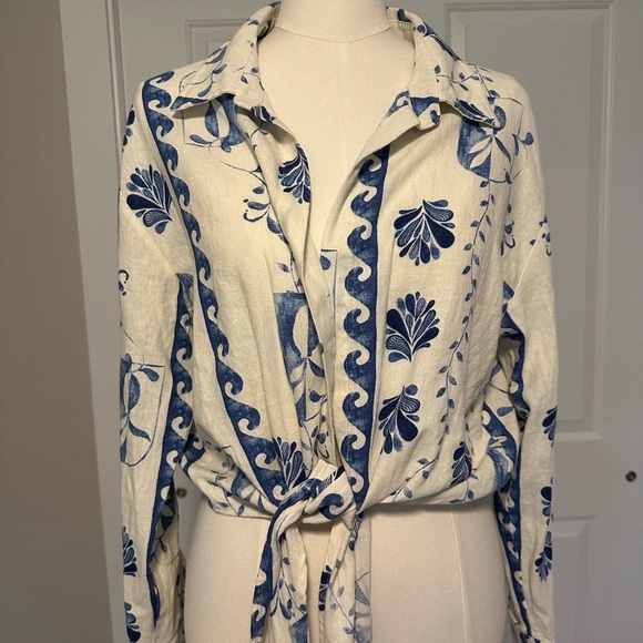 Calypso St. Barth Tops - Calypso St. Barth Linen Floral Tie-Front Blouse Size Large New (without tags)